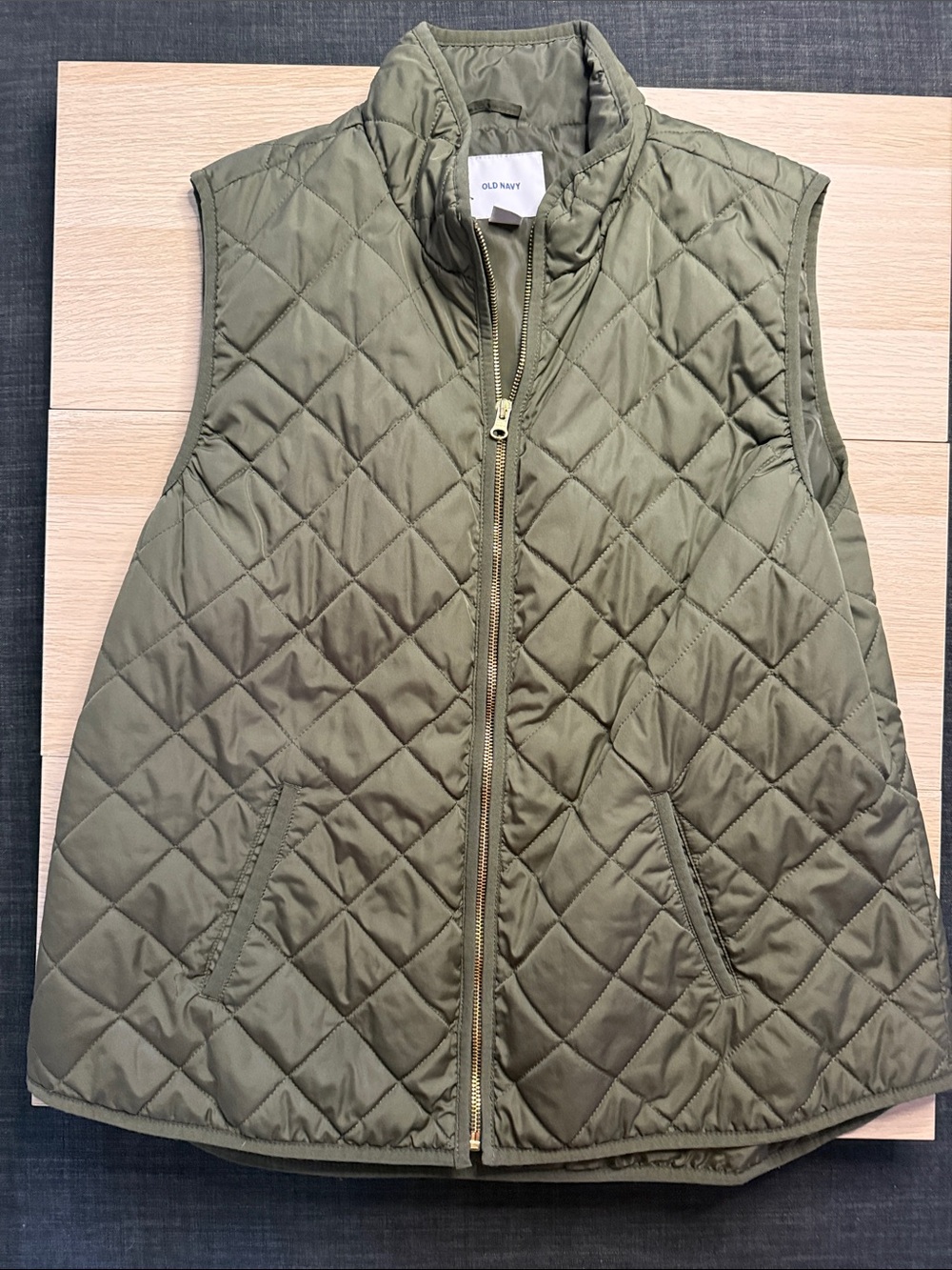 Old Navy Quilted Olive Green Sleeveless Vest with Stand Collar
